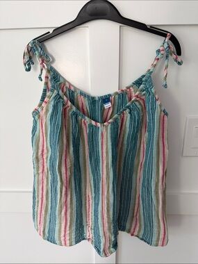 Striped Tie-Shoulder Tank Top in Teal Multi